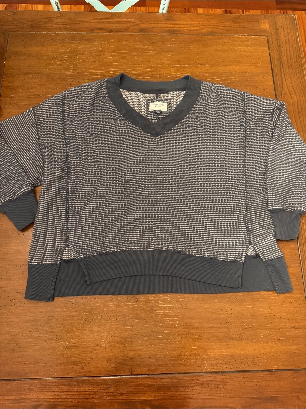 American Eagle Blue and White Waffle Knit Oversized Sweater
